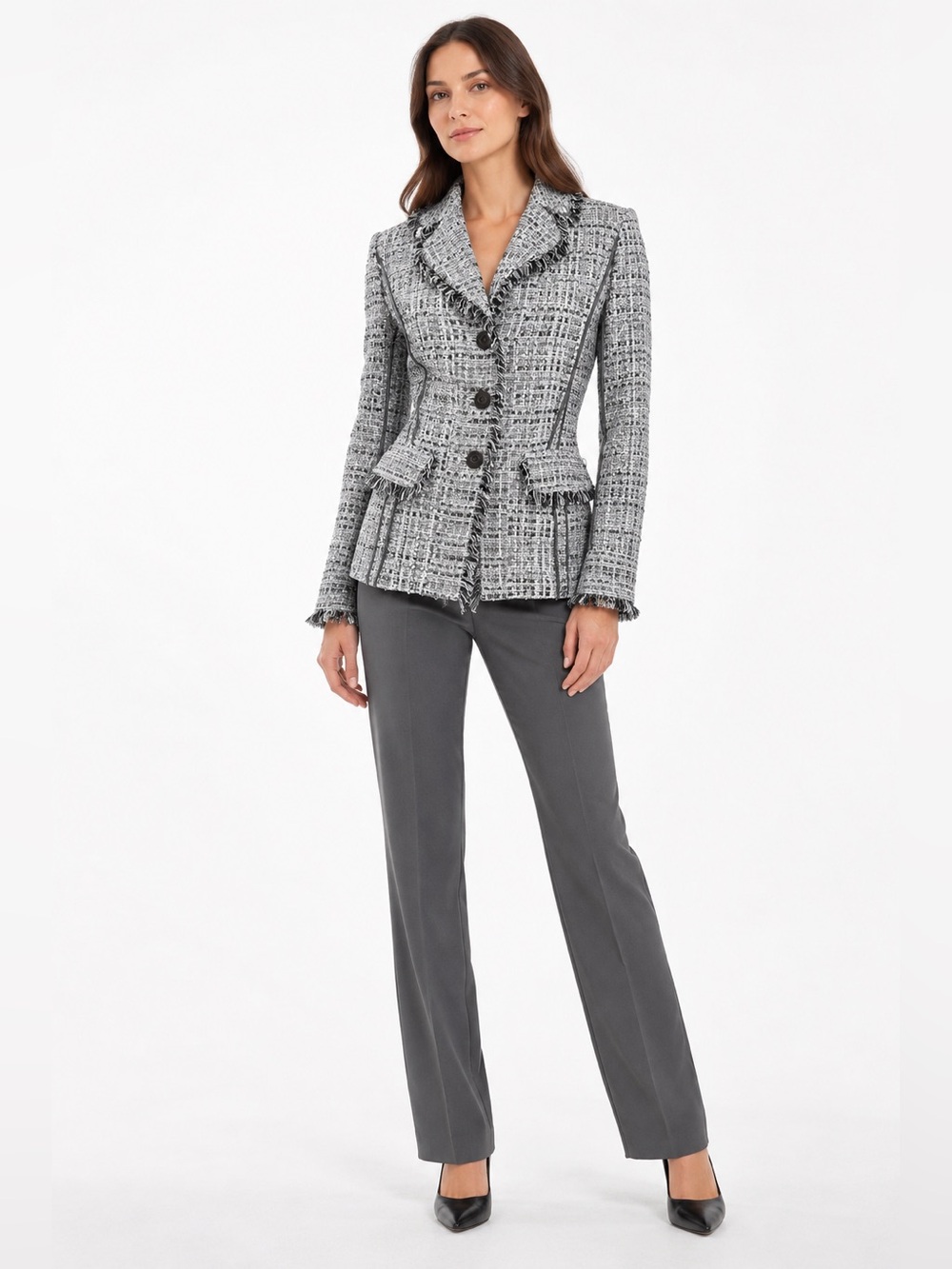 St. John Suit Set Pantsuit Two Piece Blazer Trousers Tweed Fringe Gray Size 2